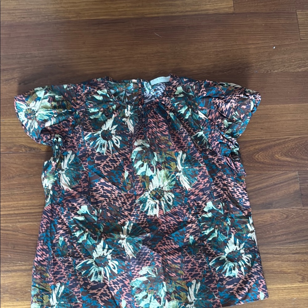 Ulla Johnson Green and Blue Blouse with Ruffled Neckline